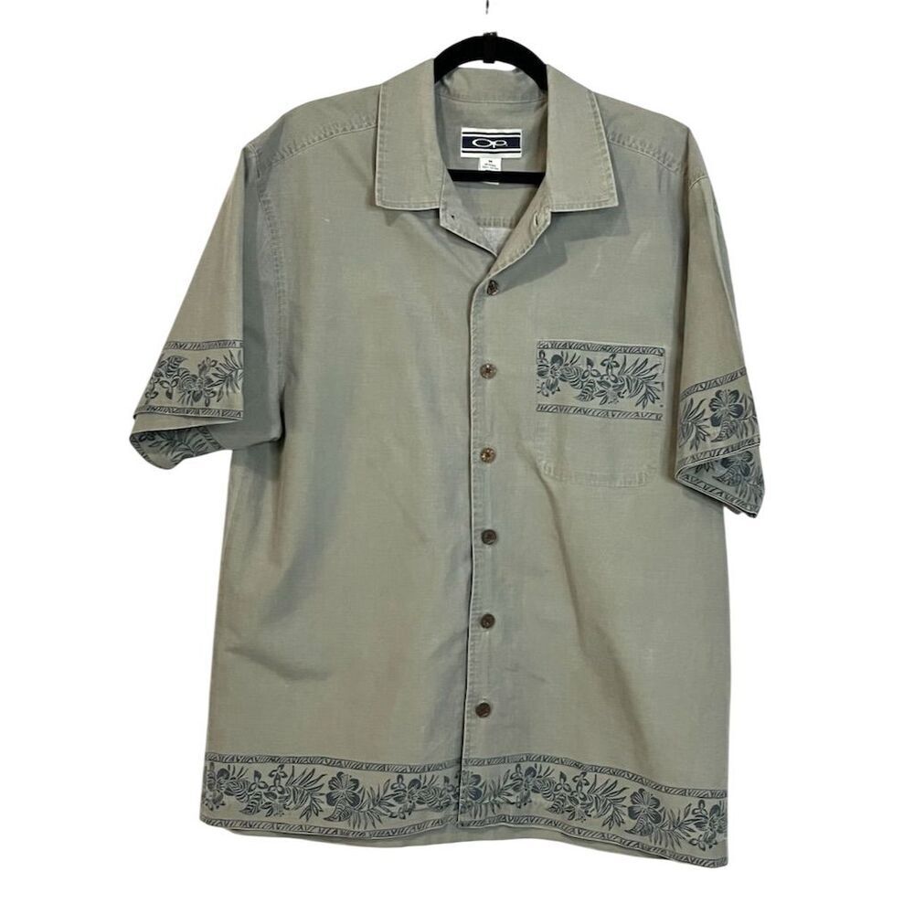 OP Men's Embroidered Short Sleeve Button-Down Camp Shirt Green M
